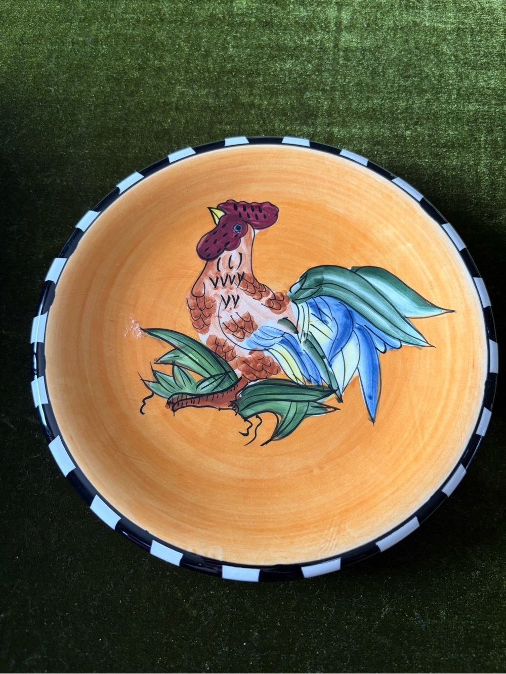 Hand-Painted Rooster Ceramic Serving Bowl - Orange, Green, Blue